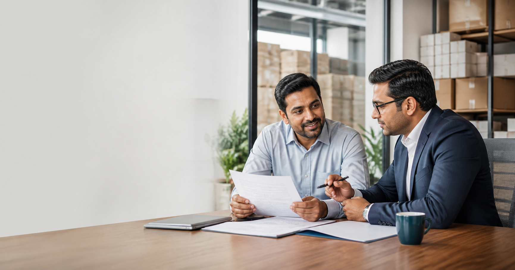 A Business founder and an Investor reviewing invoice-financing documents